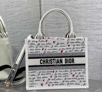 Dioramour Small Dior Book Tote White Embroidery with Black and Red Je Vous Adore Motif and White Calfskin