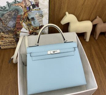 Kelly 25 Blue Brume Epsom Leather With Palladium Hardware
